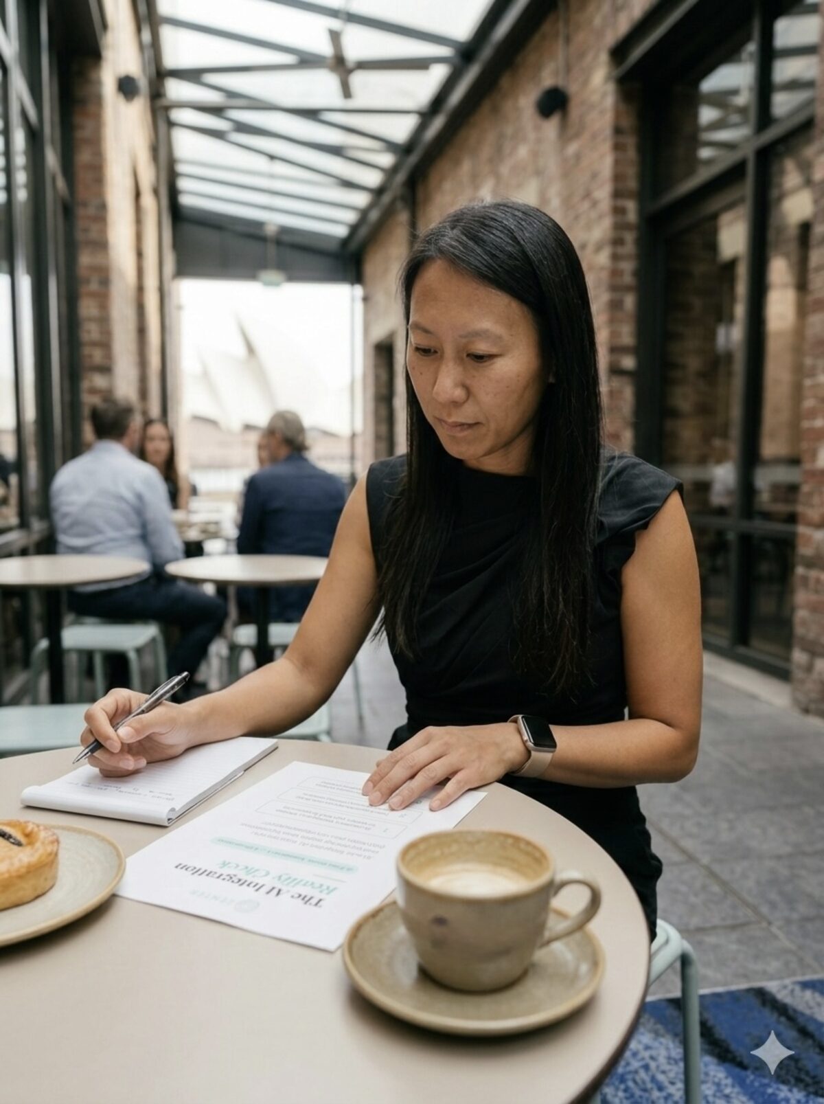 Natasha Fong working at a table with pen and paper, the Sydney Opera House behind